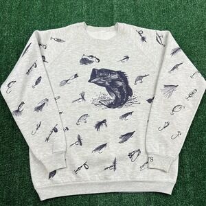VTG Bass Fishing Lures AOP Raglan Cut Crewneck Sweatshirt Mens Large Gray 90s